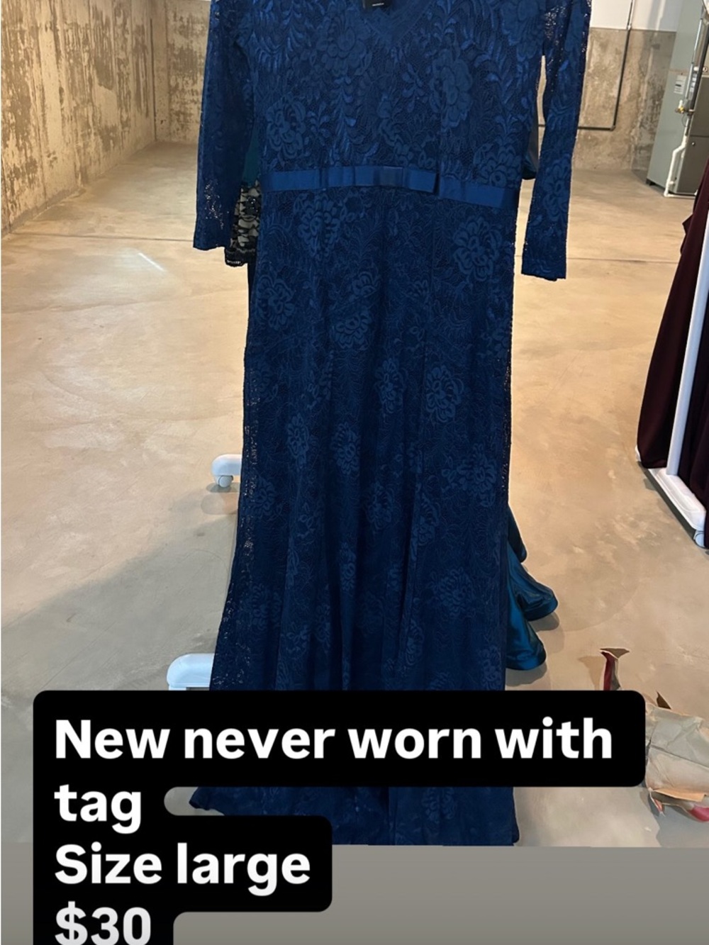 Navy Lace Long Sleeve Evening Dress - Size Large